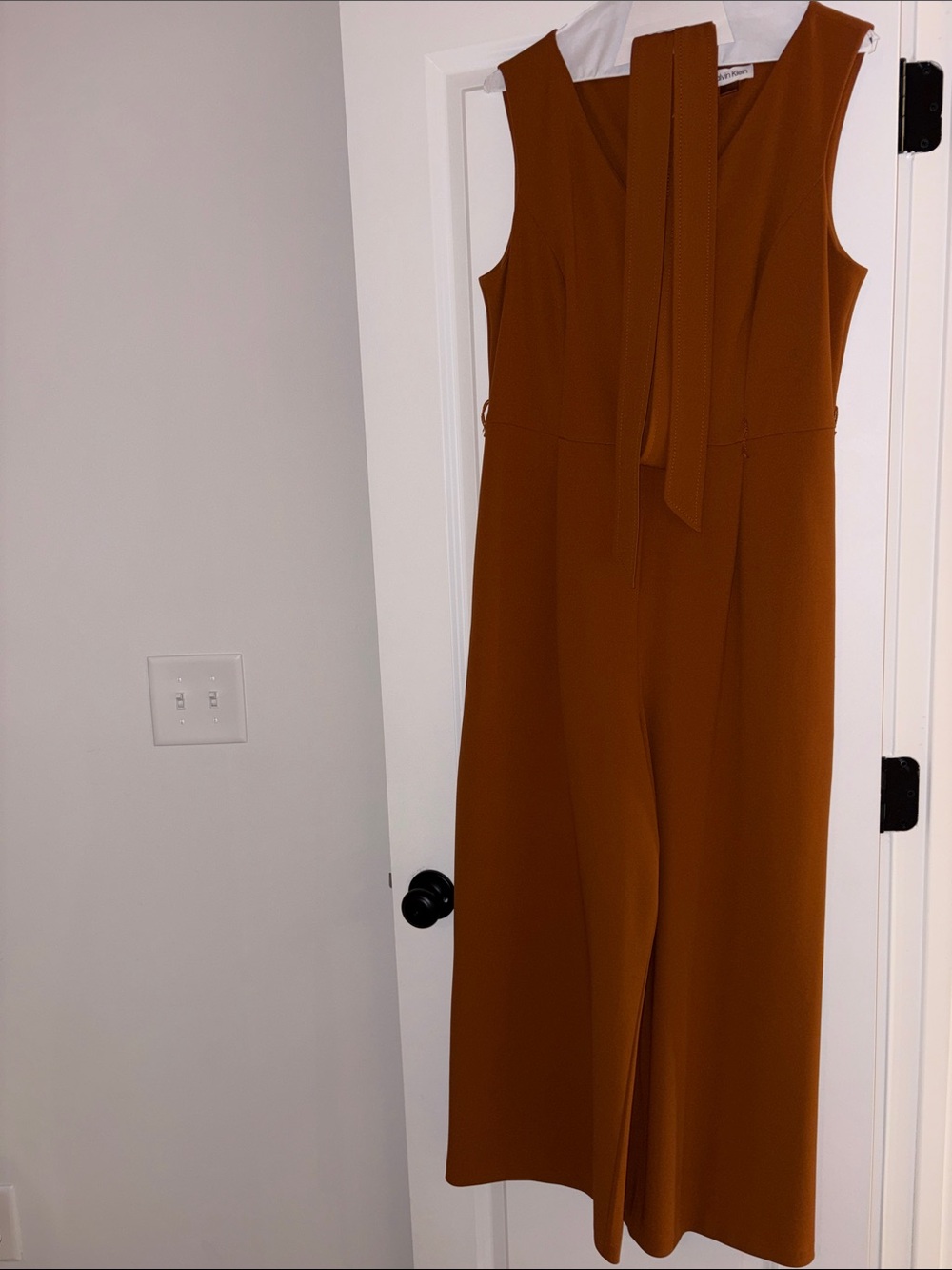 Calvin Klein Sleeveless Wide-Leg Jumpsuit in Rust Brown